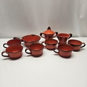 Vtg Metlox Poppytrail Red Rooster 9 Pc Set 6 Cups Mugs Creamer & Sugar Soup Bowl